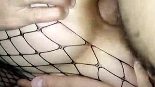 Schoolgirl MILF in mesh gets her tiny ass fucked