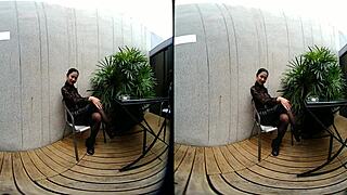 Leather skirt and heels as skinny teen smokes outdoors