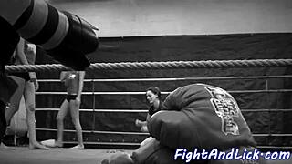 lesbian babes got wild with sixtynining after intense wrestling match