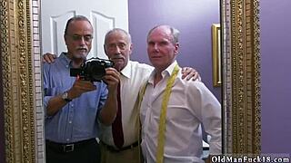 Shaved old and young threesome with facial and creampie