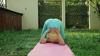 uh, sexy yoga in blue leggings, green meadow, so hot