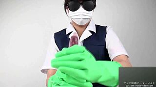 Asian Japanese Handjob Using Tight Latex Gloves for Fetish Fun