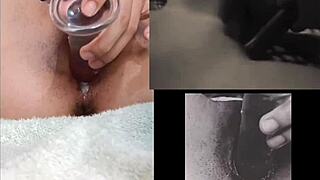 Small boobed amateur masturbates while watching lesbian action
