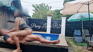 Young Asian wife squirts while having sex in public pool