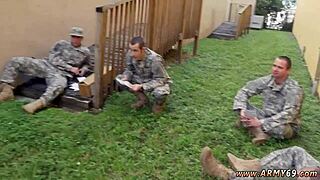 Gay threesome in a military setting with nude movie making and oral sex