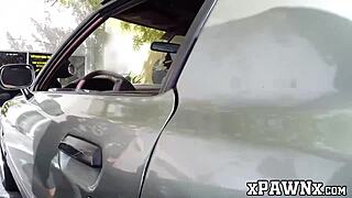 Handsome babe sells junk car by banging hard in pawnshop office.