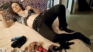 French Amateur in Black Leather Pants and White Satin Outfit for POV Deepthroat