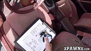Handsome babe sells junk car by banging hard in pawnshop office.
