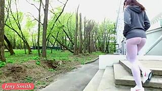 Jeny Smith flashing white pantyhose in sporty look during outdoor workout