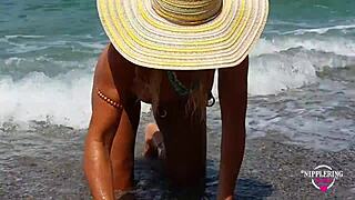 Nipple stretching and piercing on hot milf wife outdoors