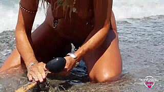 Nipple stretching and piercing on hot milf wife outdoors