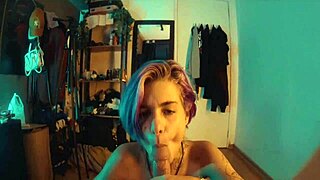 Skinny beauty gives a sloppy blowjob to her dominatrix partner