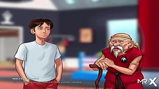Mature woman enjoys yoga in a porn game called Summertime Saga