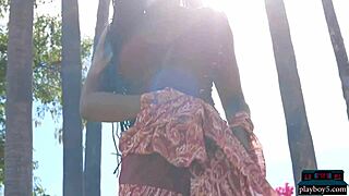 huge natural tits ebony milf shasta wonder teases with an outdoor striptease as a stunning babe.