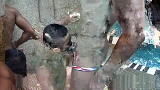 Asian men having sex at a pool party