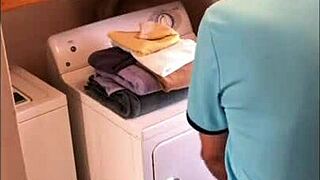 Beautiful woman of a certain age seduces the boy next door in the laundry room