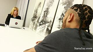 Wow, busty office milf Sara Jay rides hard cock! Sticky cum all over after intense work.