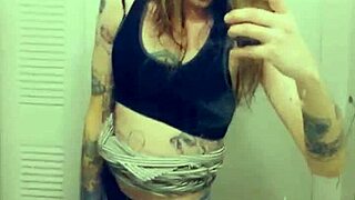 Beautiful shemale in a short skirt, masturbates and shows off her cock