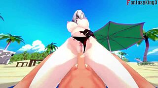 Hentai beach scene with Arlecchino and three generations