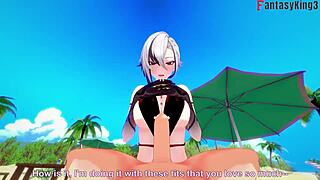 Hentai beach scene with Arlecchino and three generations