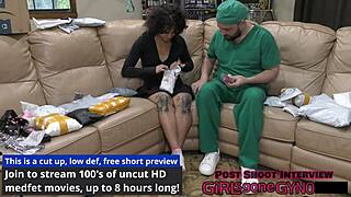 Nicole's gyno exam in latex gloves and natural tits