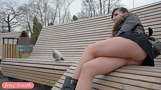 Beautiful Russian girl Jeny Smith in pantyhose flashing outdoors