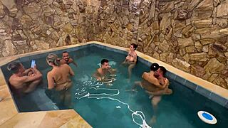College party by the motel pool gets wild with big tits and big cock amateurs