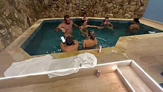College party by the motel pool gets wild with big tits and big cock amateurs