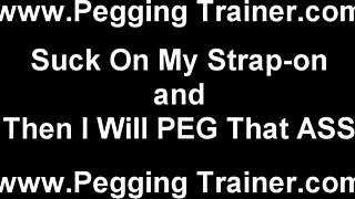 Prepare to be dominated and humiliated by a pegging trainer with a strapon in a white boy