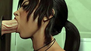 Interracial double blowjob in 3D animated Tomb Raider game