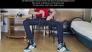 Young gay boy stroking cock in tight jeans