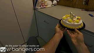 Three women give a special birthday present to their friend in a hot VR video