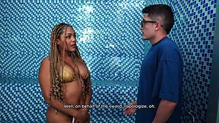 Public sauna sessions with interracial MILF and nerd boy action