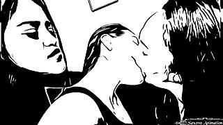 Lesbian sisters’ passionate deep-mouthed kiss in an animated porn video