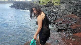 Stepmother's natural tits on beach