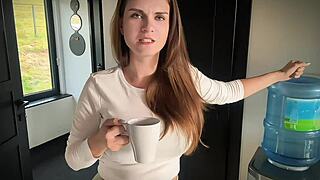 Stepmother's big natural tits and dirty talk at work