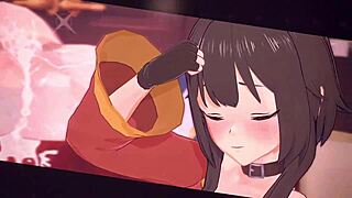 Futa x female action with Megumin and Aqua in anime creampie scene