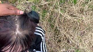Beautiful emo girl gets a deepthroat blowjob and fucked on a tree stump in public