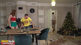 Fakehub - Thanksgiving dinner turns wild with kinky family. Horny step mom milf seduces teen step son for anal and creampie after blowjob!