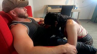 Pretty brunette amateur wife swallows cum and has big ass