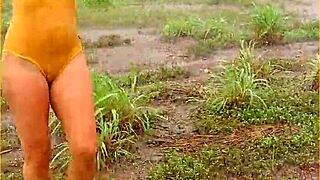milf flashes perfect tits in see-through shirt during rain