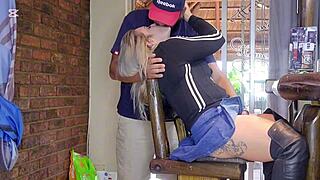 A cheated blonde in a sexy white dress squirts like a hose on Squirted