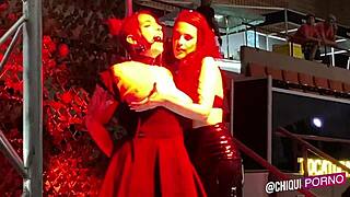 A fat slut from the audience on the set gets waxed