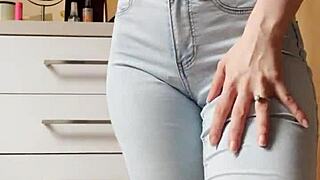 petite blonde, strip for me in tight jeans