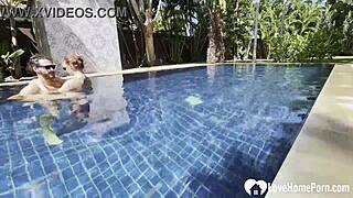 i can’t resist this hot babe swimming before she grabs my cock poolside.