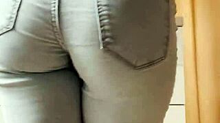 Petite blonde in tight jeans shows her cooleyhoppers in a homemade video