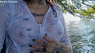 watch me show off my big tits and ass by the river for passersby