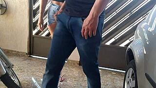 The nice and hot neighbor in a short jeans skirt is very provocative