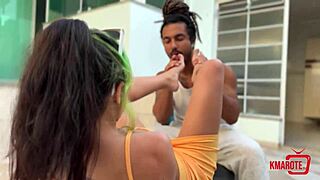 Brown-skinned woman uses her assets to masturbate and gets soaked with cum