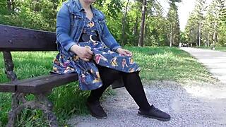Hairy Mature in See-Through Dress Flashing Her Body in Public Park